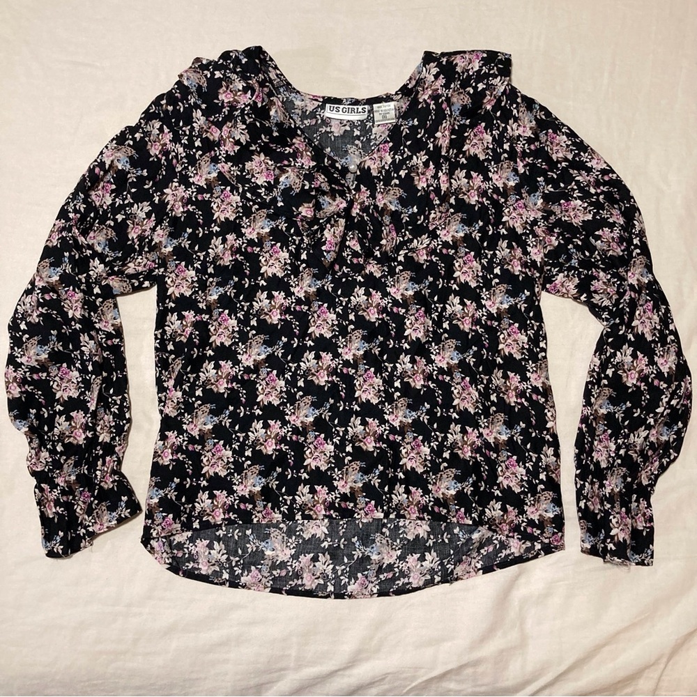 Vintage Floral Peasant Blouse | US GIRLS | Shoulder Pads | Flounces | 100% Rayon